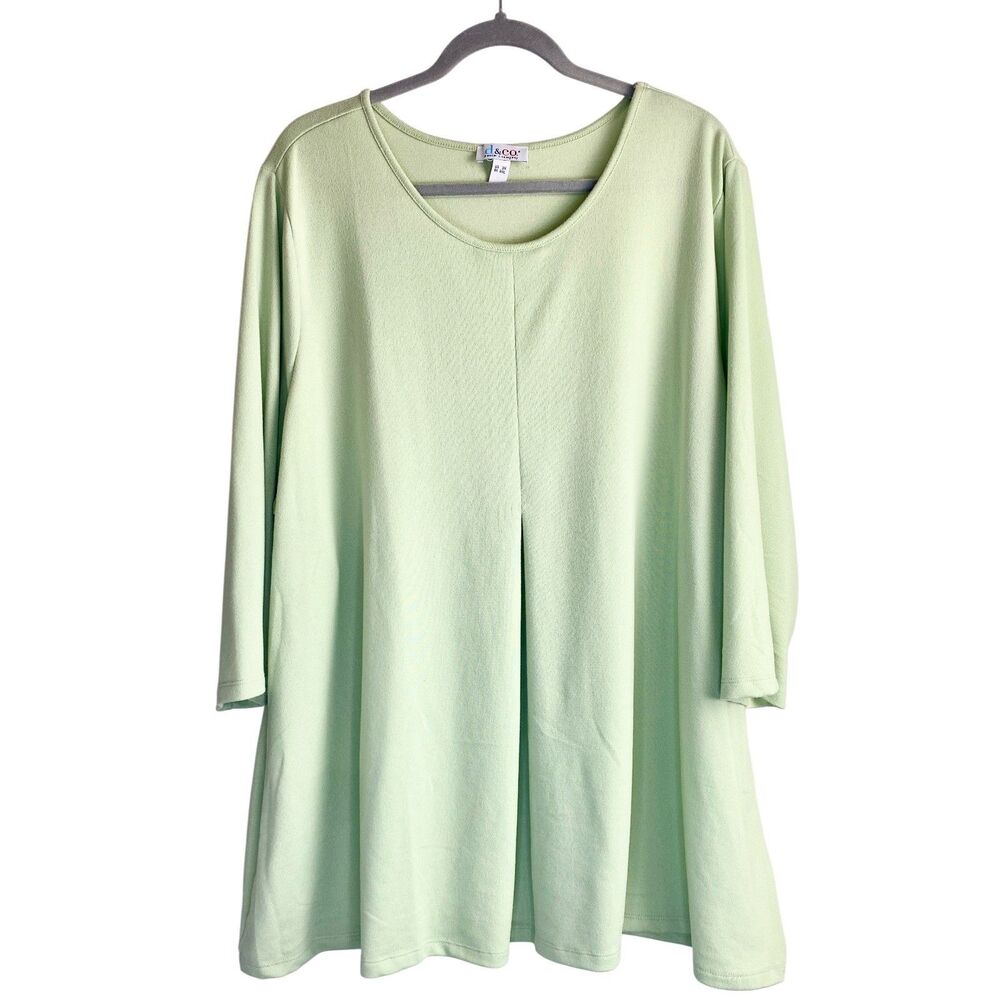 Dia & Co 3X Tunic Top Green V-Neck Bell Sleeve Soft Stretch Knit Front Pleat